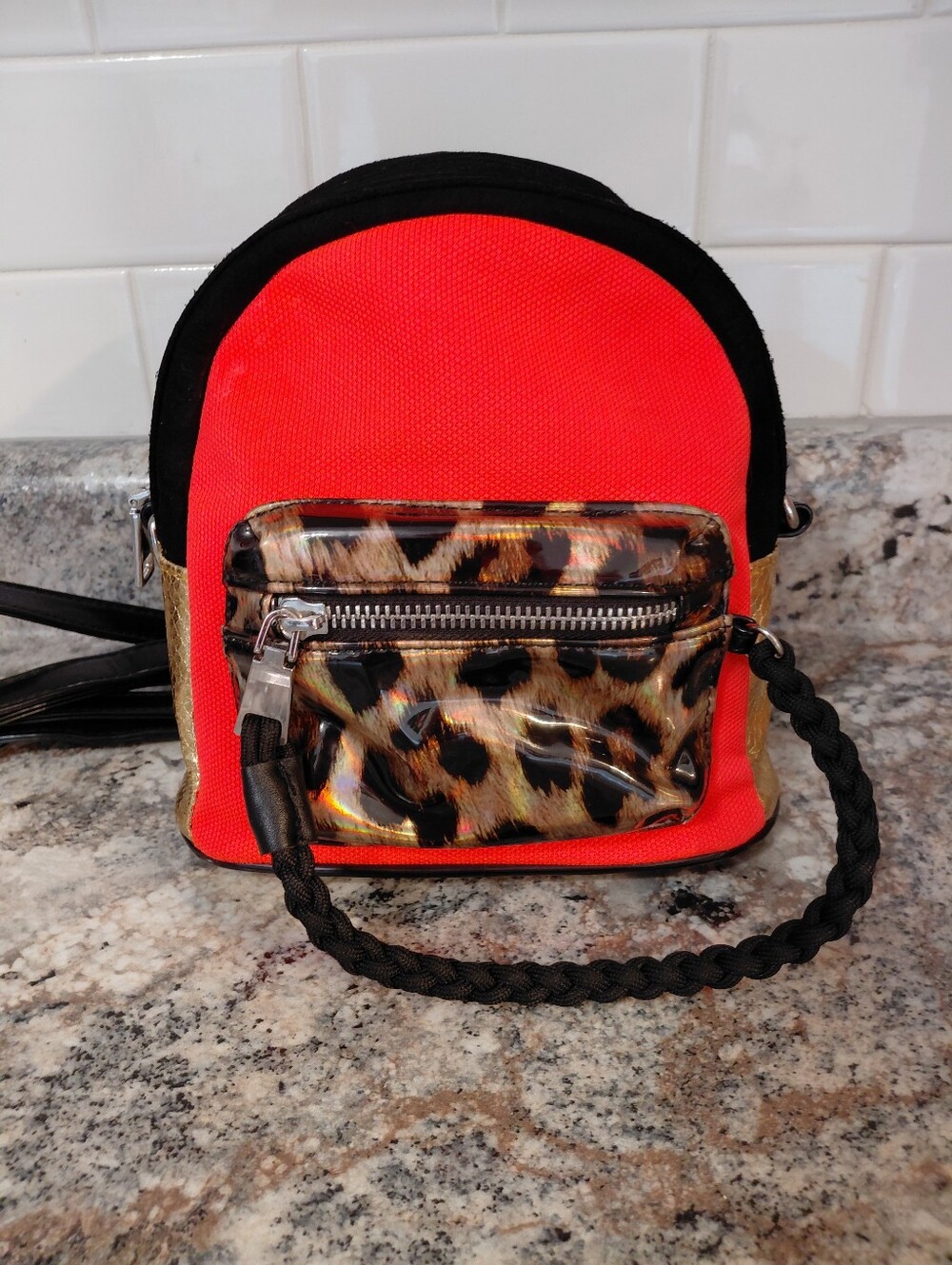 Steve Madden Neon Orange Gold Mini Backpack with Leopard Pocket